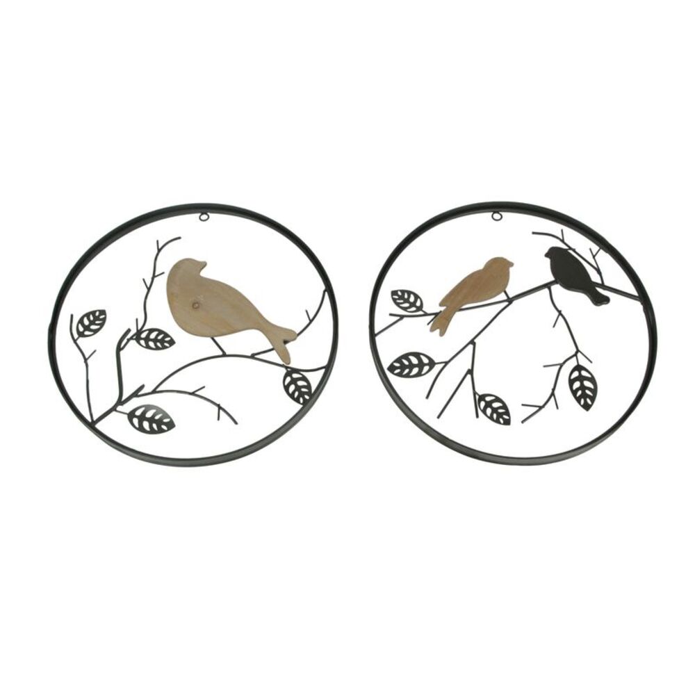 Set of 2 Brown Metal and Wood Birds on Branches Wall-Hanging 15.5 Inches